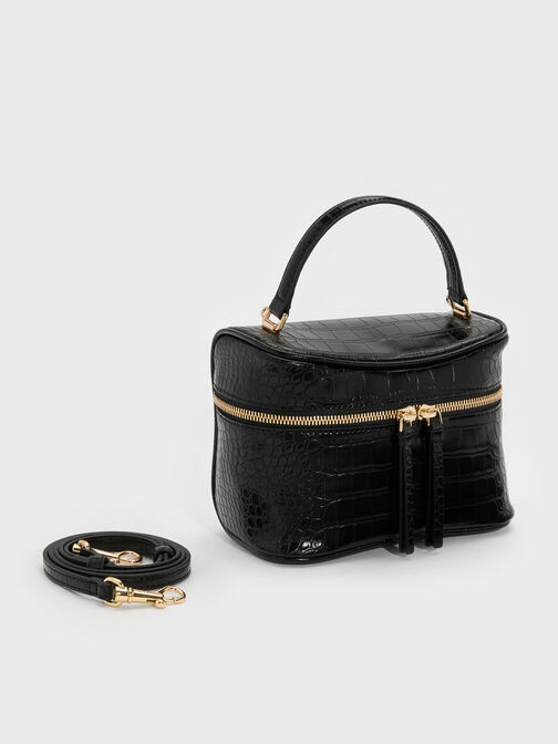 Pansy Croc-Effect Vanity Bag, Black, hi-res
