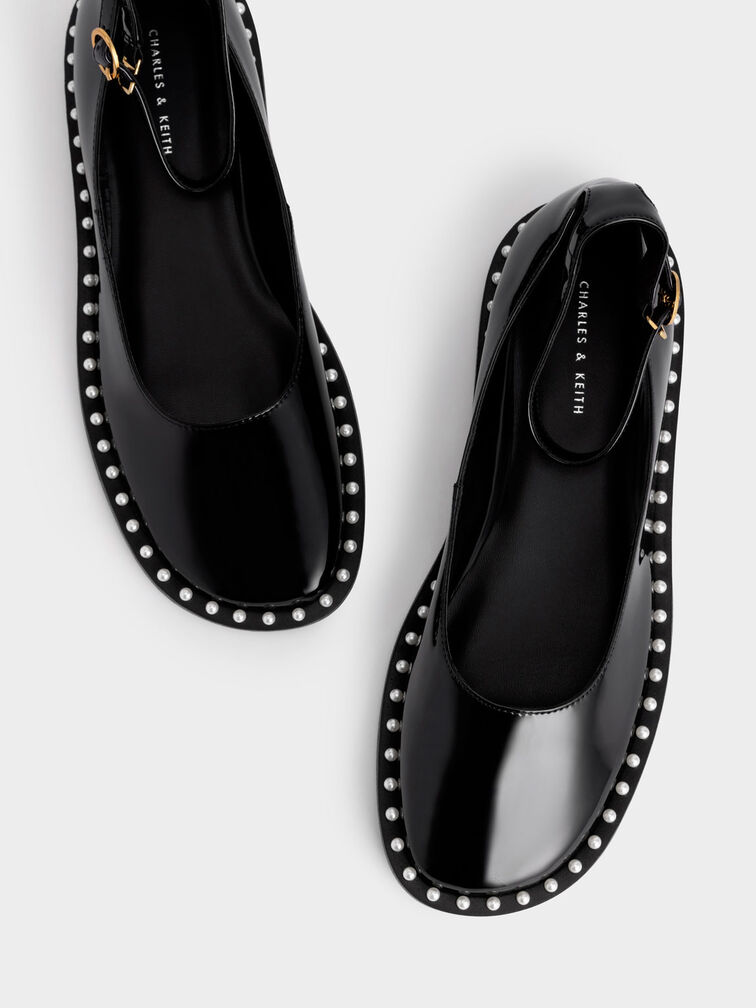 Bead-Embellished Patent Ankle Strap Ballerinas, Black, hi-res