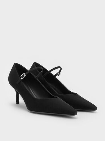 Faux Suede Pointed-Toe Stiletto-Heel Mary Jane Pumps, Black Textured, hi-res