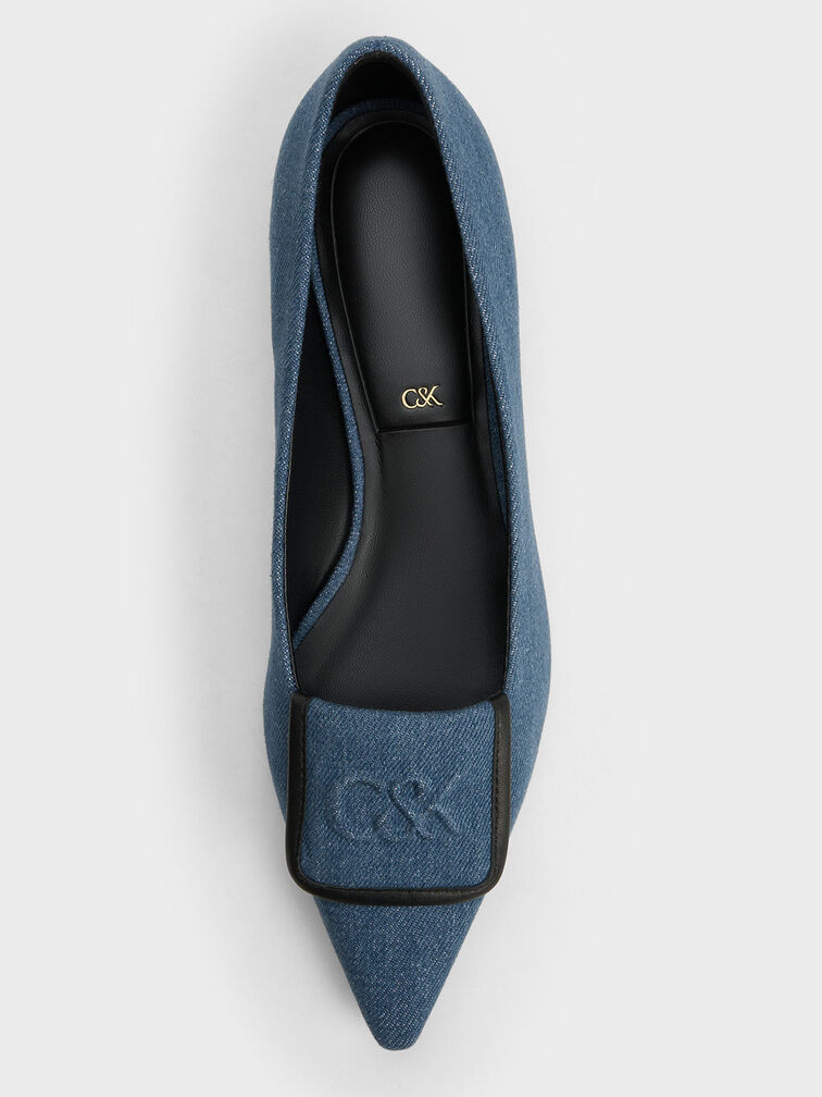 Leather & Denim Pointed-Toe Flats, Blue, hi-res