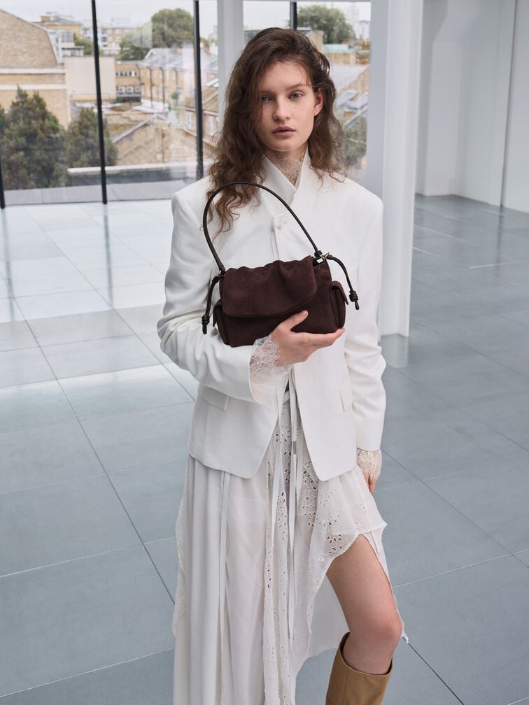 Khai Recycled Suede Ruched-Flap Side-Pocket Top Handle Bag, Espresso Brown, hi-res