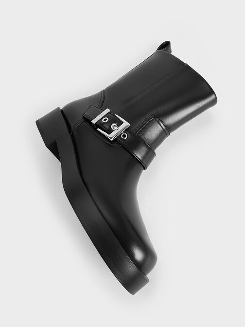 Buckle-Strap Biker Boots, Black, hi-res