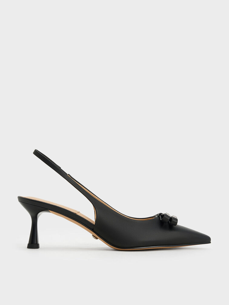 Bow Crystal-Embellished Leather Slingback Pumps - Black