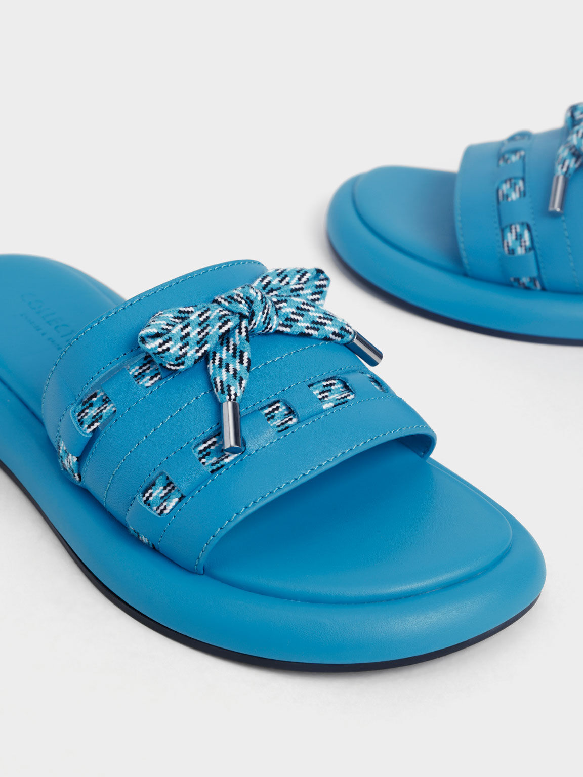 Printed Bow-Tie Leather Slide Sandals, Blue, hi-res