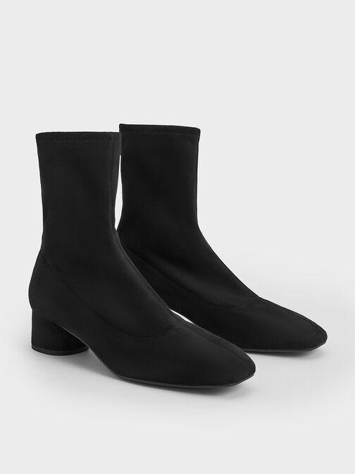 Faux Suede Stitch-Trim Heeled Ankle Boots, Black Textured, hi-res