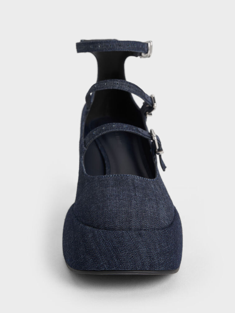 Luella Denim Triple-Strap Mary Jane Platform Pumps, Dark Blue, hi-res