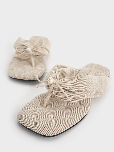 Twill Pearl-Accent Square-Toe Sandals, Beige, hi-res