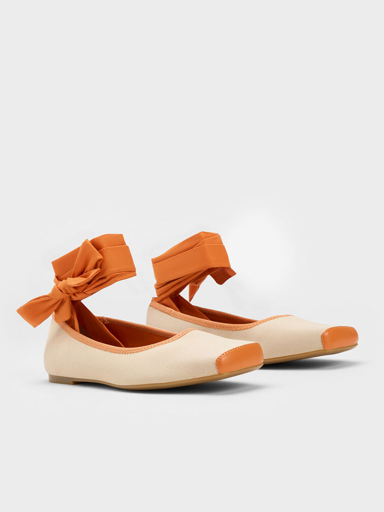 Tie-Around Canvas Ballerina Flats, Orange, hi-res