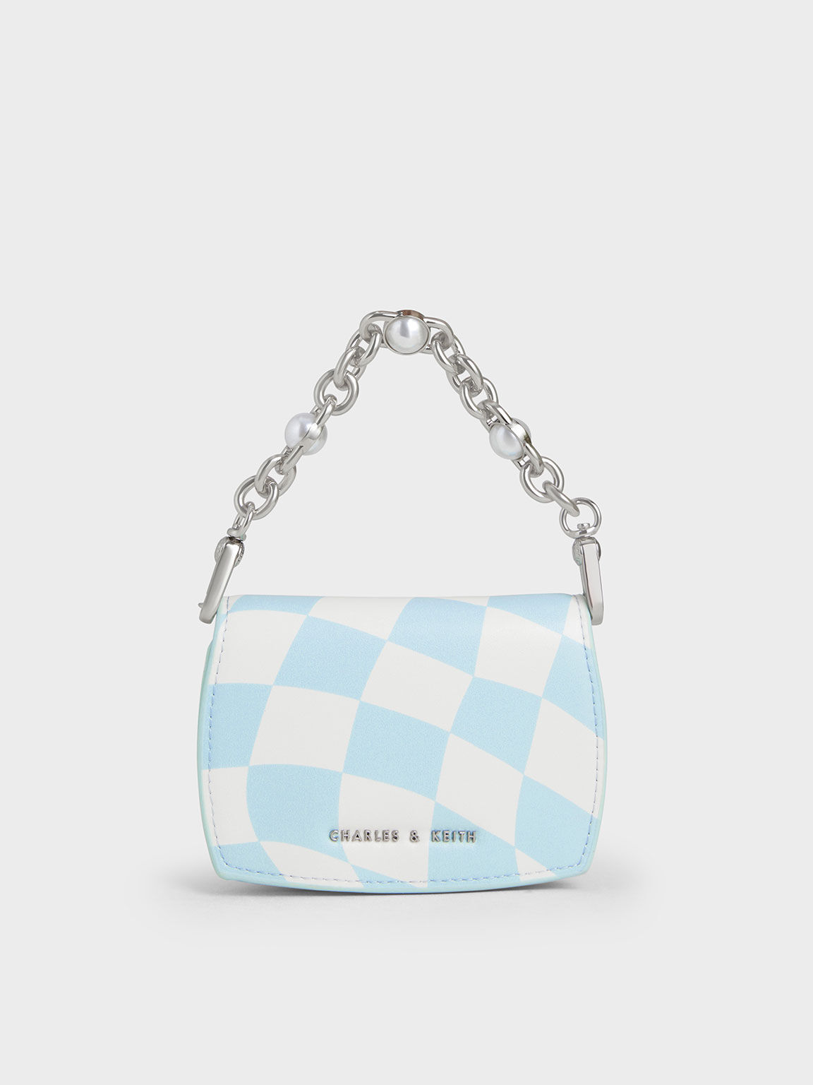 Chain Handle Checkered Vanity Pouch, Light Blue, hi-res