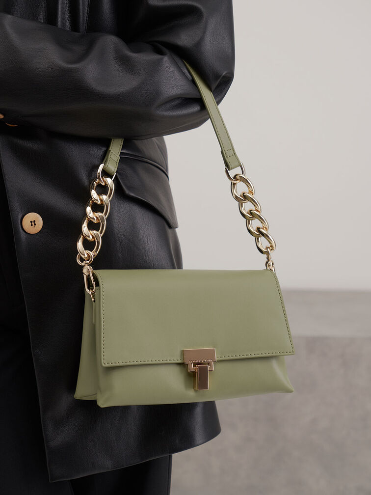 Leather Chain Strap Shoulder Bag, Sage Green, hi-res
