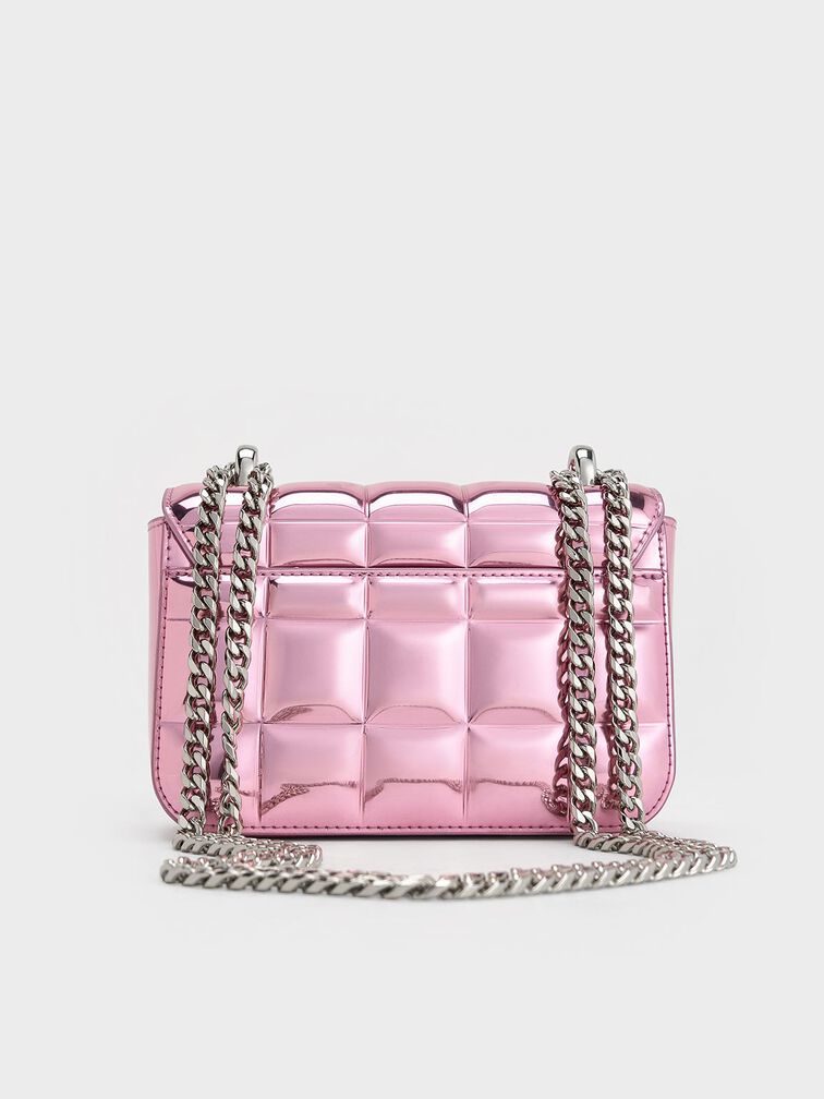 Bolso metÃ¡lico acolchado cuadrado con asa de cadena, Rosa, hi-res