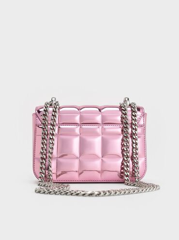 Bolso metÃ¡lico acolchado cuadrado con asa de cadena, Rosa, hi-res