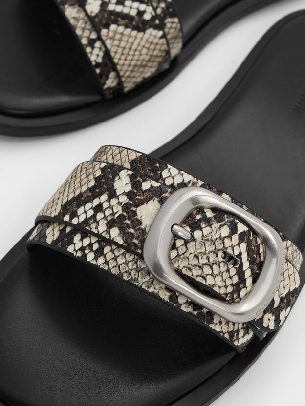 Snake-Print Buckle-Strap Slide Sandals, Animal Print Natural, hi-res