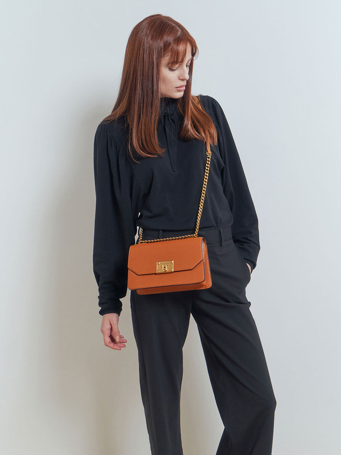 Metallic Push-Lock Crossbody Bag, Orange, hi-res