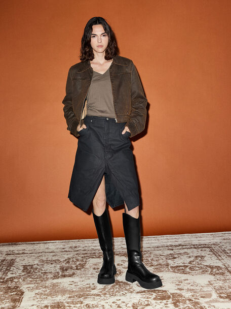 Cowboy Platform Knee-High Boots, Black, hi-res