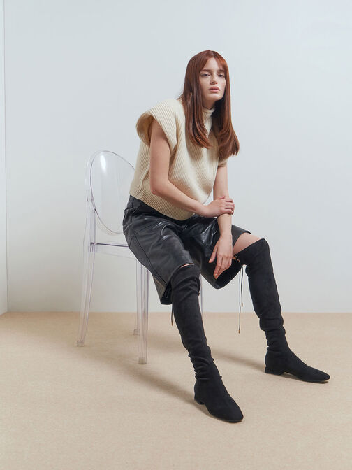 Textured Thigh High Boots, Black, hi-res