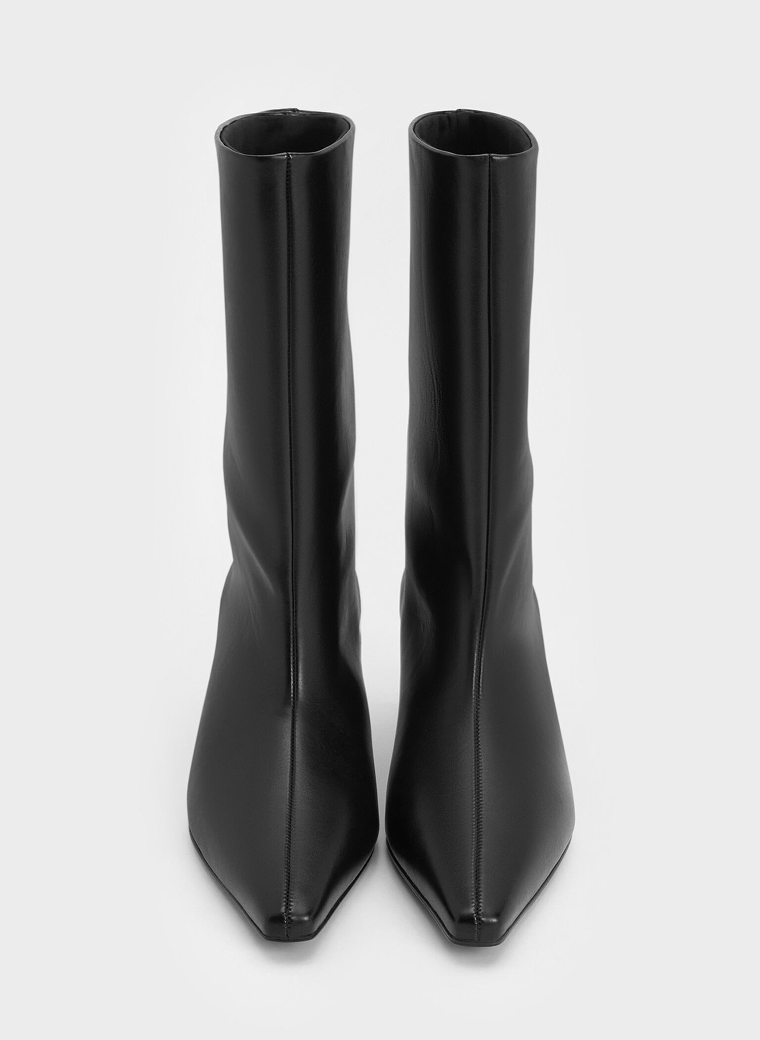 Elongated Square-Toe Kitten-Heel Calf Boots, Black, hi-res