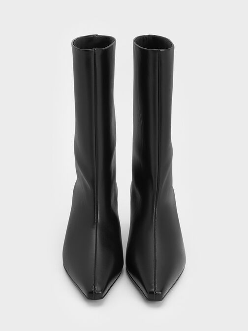Elongated Square-Toe Kitten-Heel Calf Boots, Black, hi-res