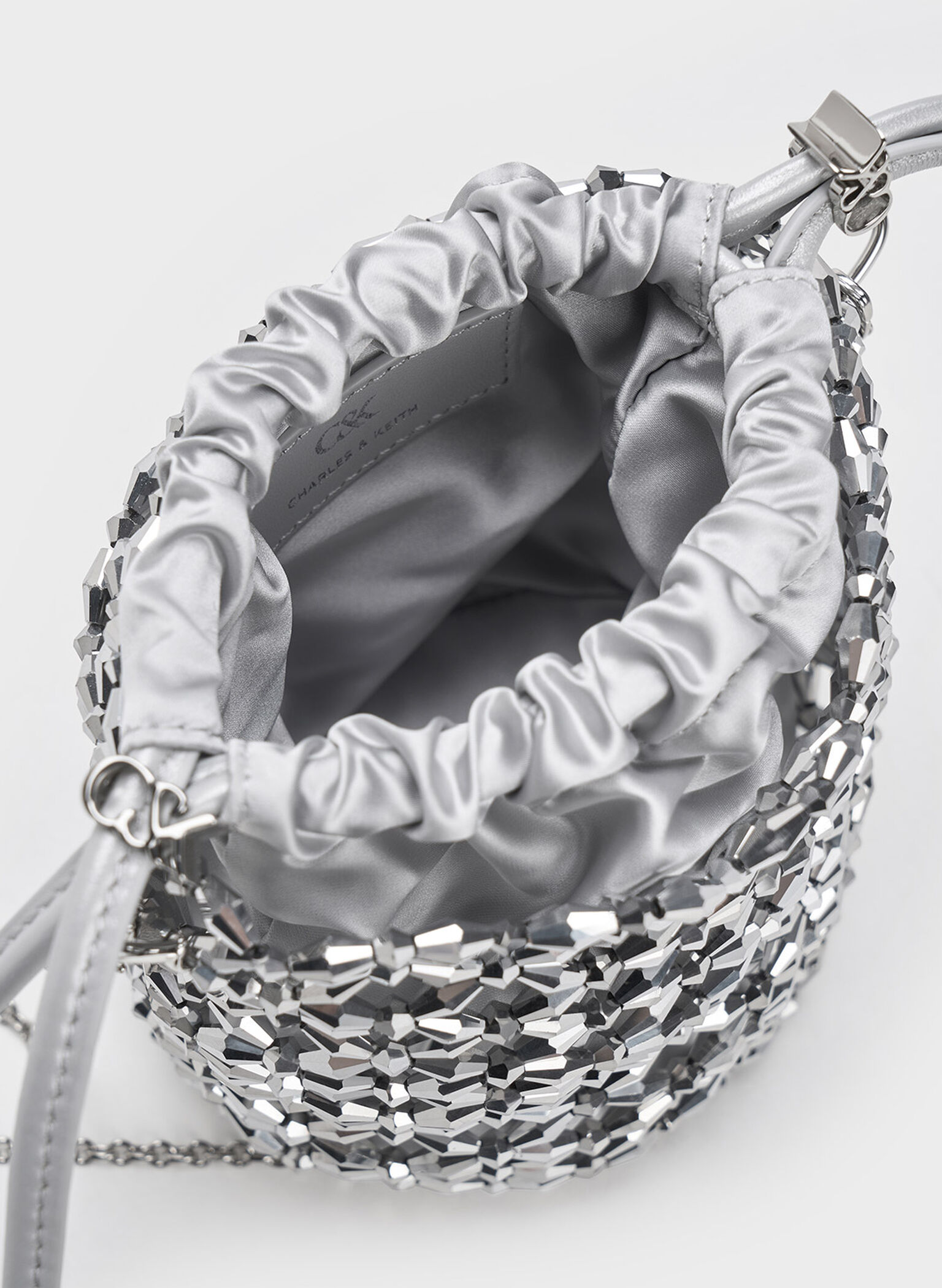 Beaded Chain-Handle Bucket Bag, Silver, hi-res