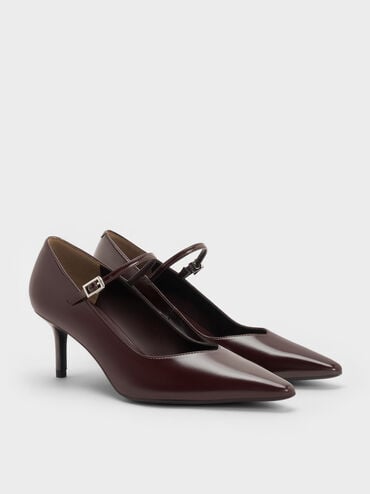 Pointed-Toe Stiletto-Heel Mary Jane Pumps, Maroon, hi-res
