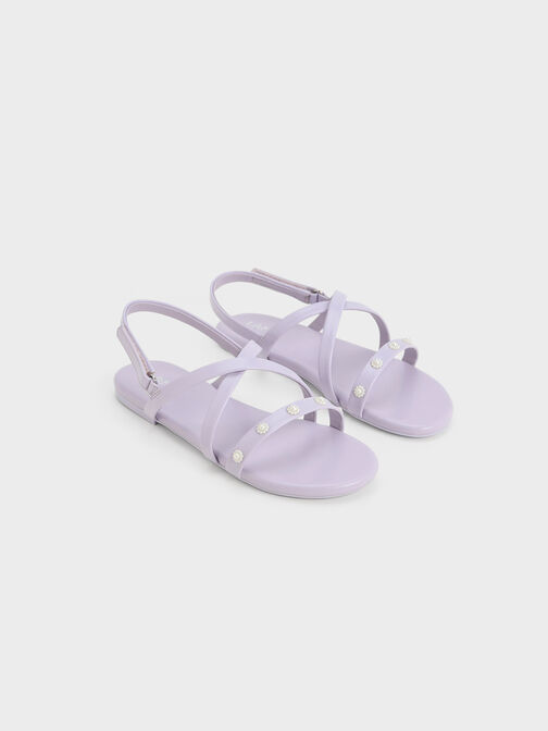 兒童珍珠小花交叉帶涼鞋, 紫丁香色, hi-res