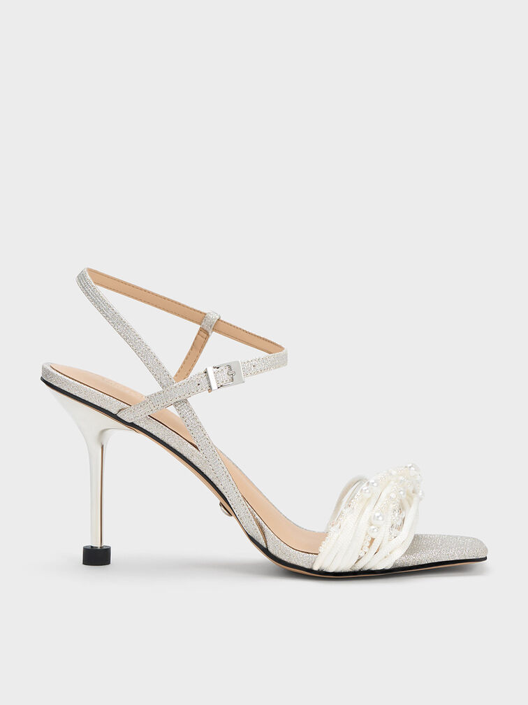 Silver Leda Beaded Asymmetric Glittered Sandals - CHARLES & KEITH SG