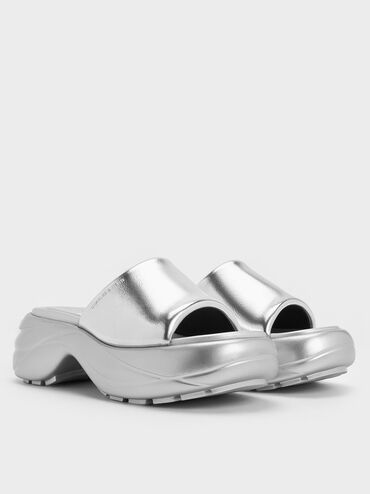 Metallic Wide-Strap Curved Platform Sports Sandals, Silver, hi-res