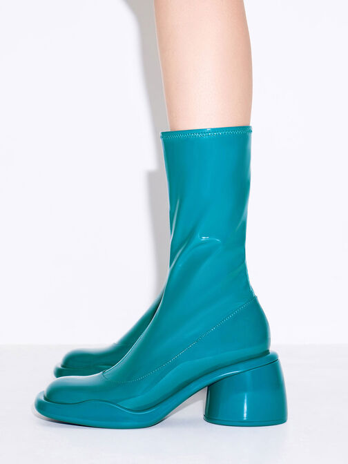 Lula Patent Chunky Heel Calf Boots, Turquoise, hi-res