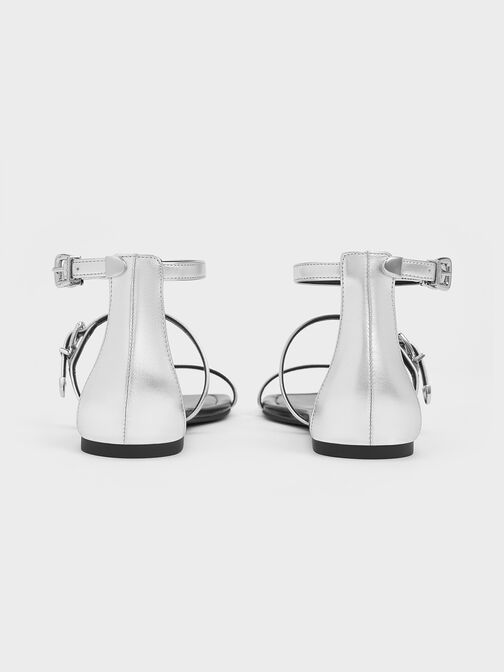 Square-Toe Buckled Triple-Strap Sandals, Silver, hi-res