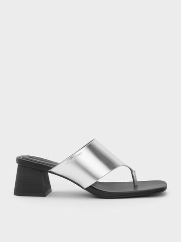 Metallic Square-Toe Heeled Thong Sandals, Silver, hi-res