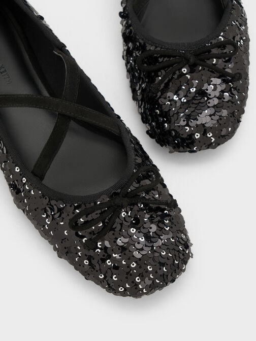 Sequinned Crossover Mary Jane Flats, Black Textured, hi-res