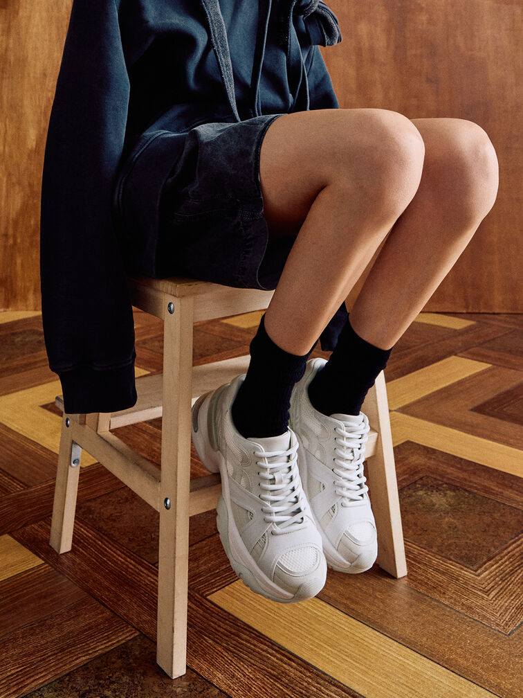 Mesh Contrast-Trim Chunky Sneakers, White, hi-res