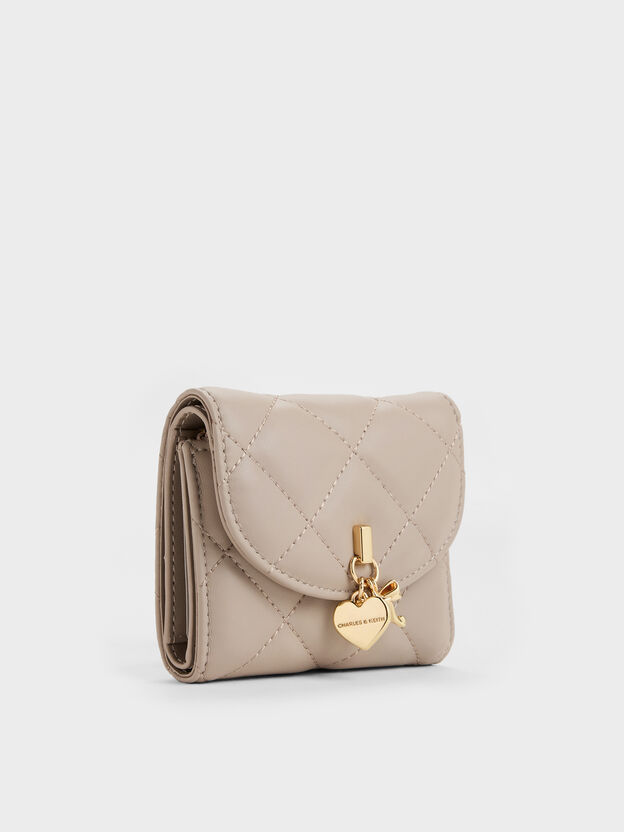 Arrietty Quilted Curved-Flap Wallet, Taupe, hi-res
