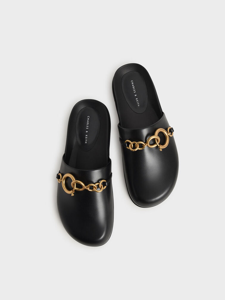 Chain Link Flat Mules, Black, hi-res