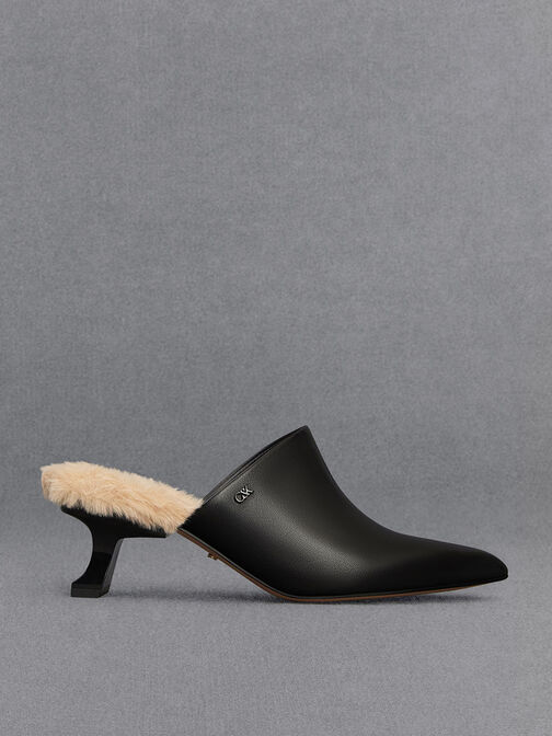 Leather Fur-Trim Sculptural-Heel Mules, Black, hi-res