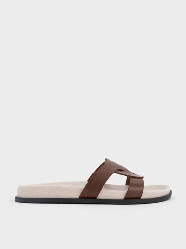 Linen Interwoven Cut-Out Slide Sandals, Dark Brown, hi-res