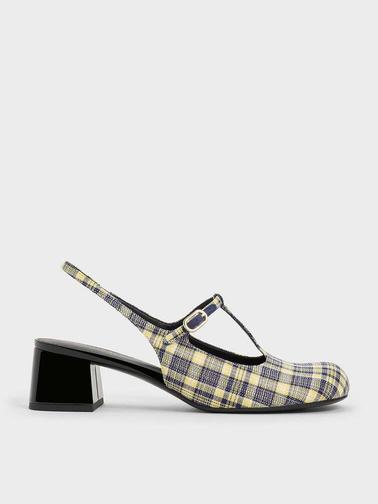 Checkered T-Bar Slingback Mary Jane Pumps, Yellow, hi-res