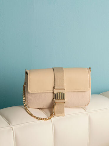 Aspen Metallic Belt Buckle Shoulder Bag, Beige, hi-res