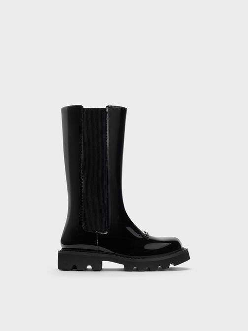 Girls' Metallic-Accent Chelsea Knee-High Boots, Black Box, hi-res