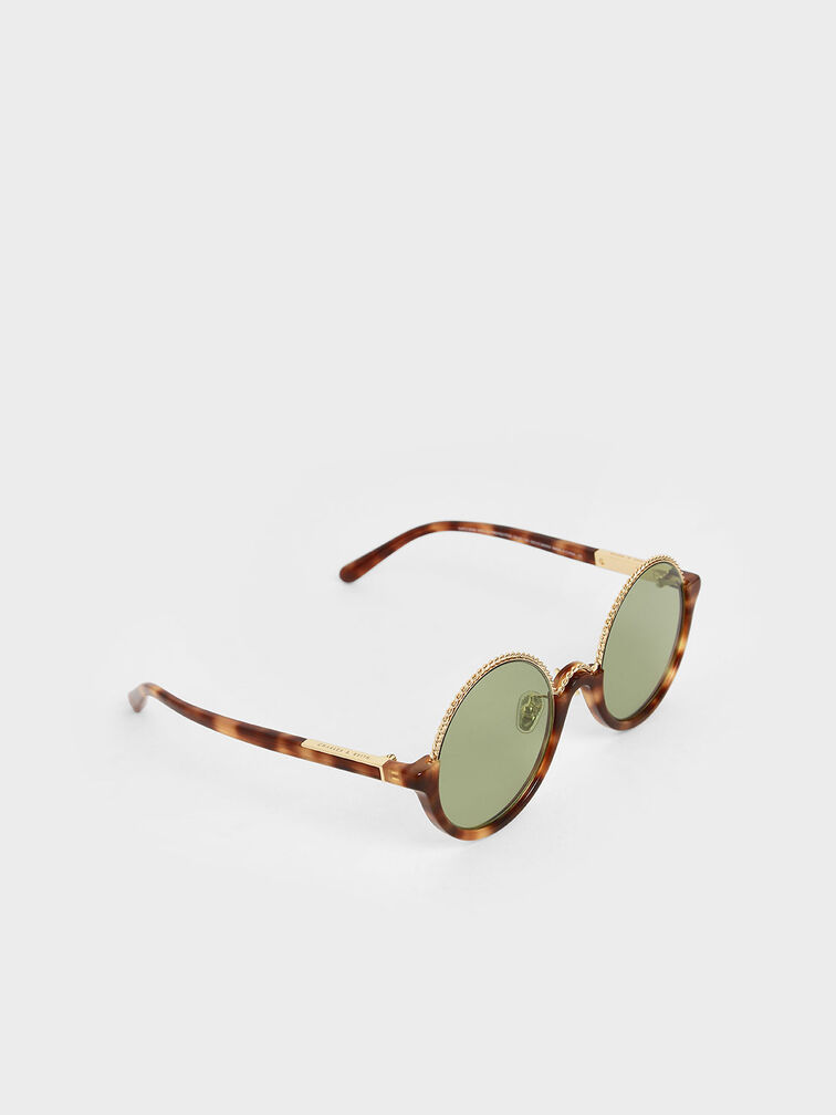 Tortoiseshell Half Frame Embellished Round Sunglasses, T. Shell, hi-res