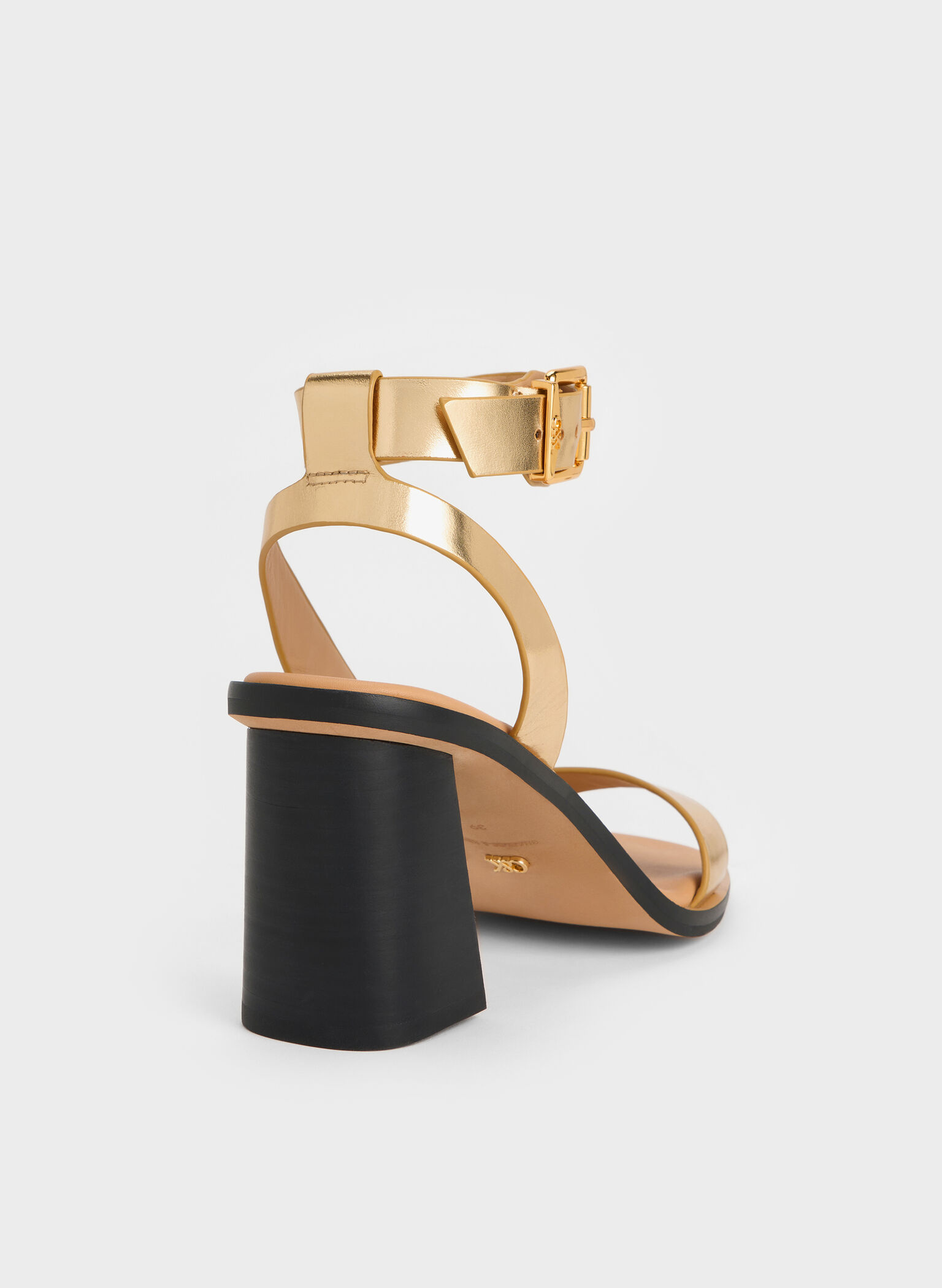 Metallic Leather Ankle-Strap Block-Heel Sandals, Dorado, hi-res
