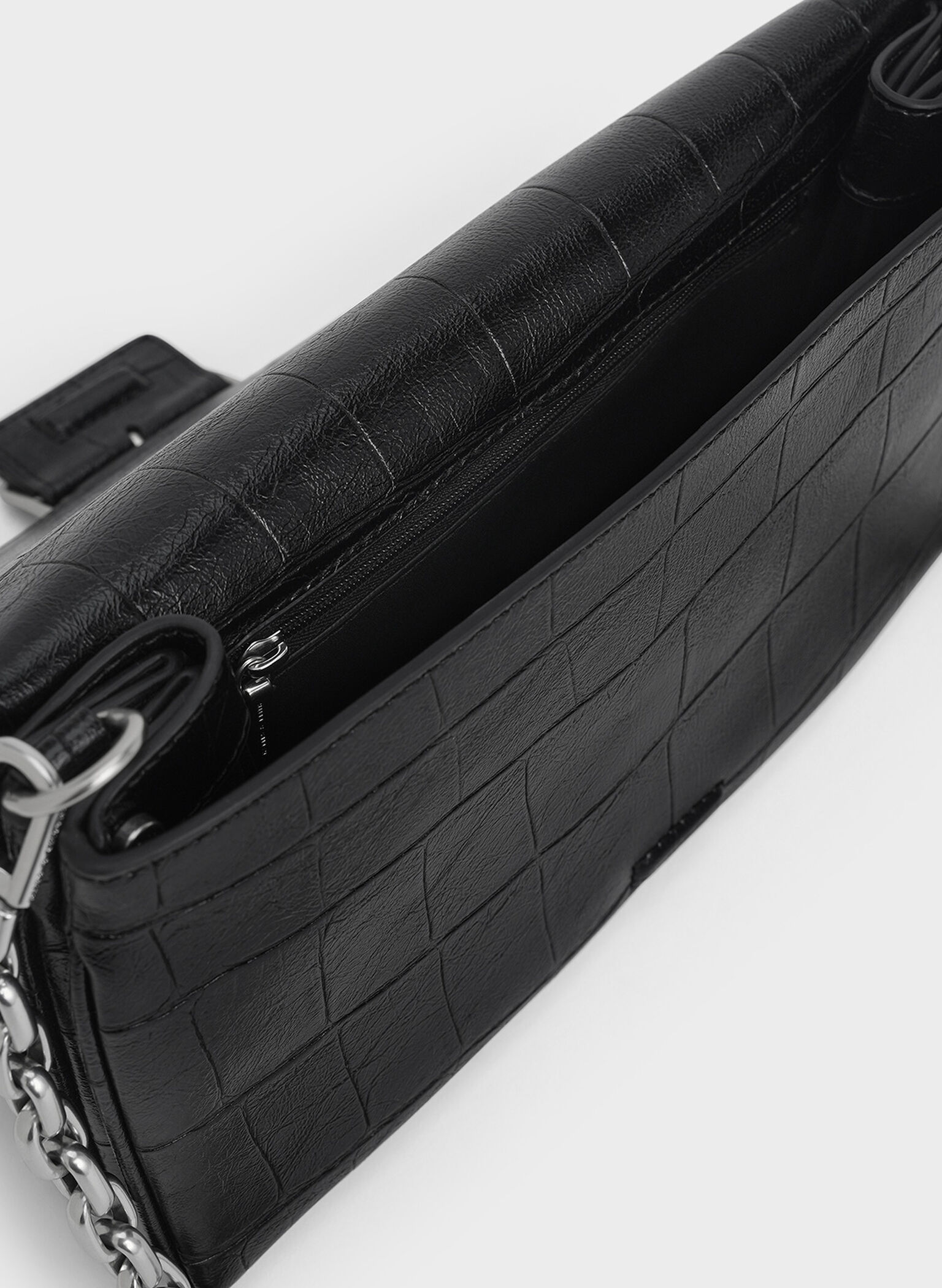 Bolso Liv efecto cocodrilo con asa de cadena con ojales, Noir, hi-res