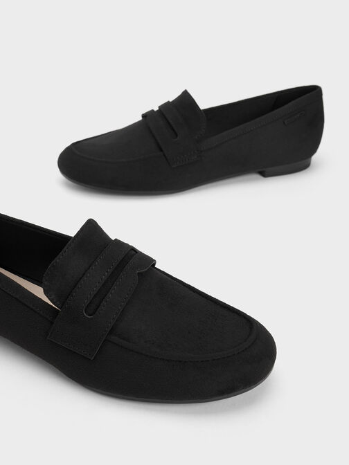 Textured Cut-Out Almond Toe Penny Loafers, Black, hi-res