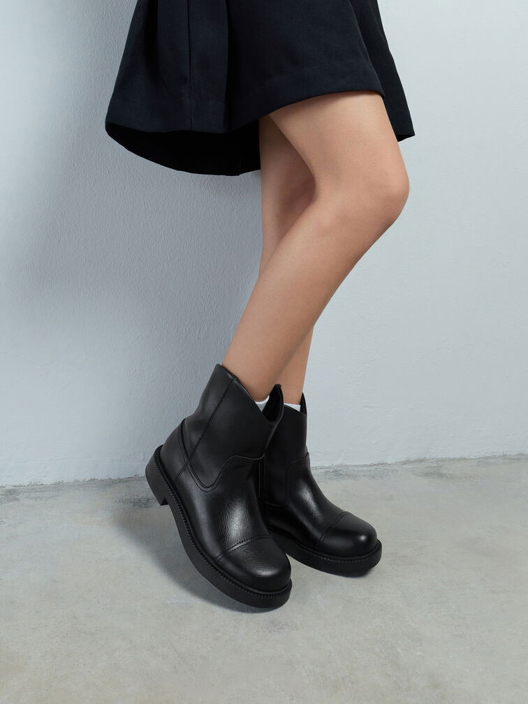 Girls' Stitch-Trim Ankle Boots, Black, hi-res