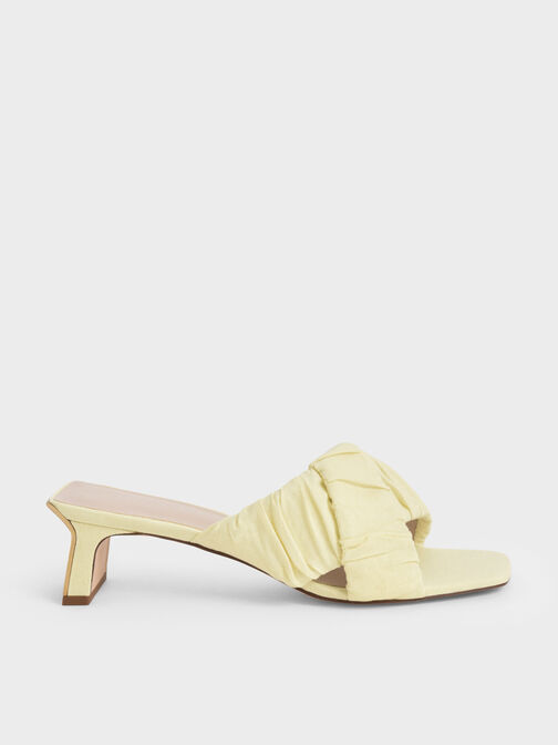 Linen Asymmetric Ruched Mules, Yellow, hi-res