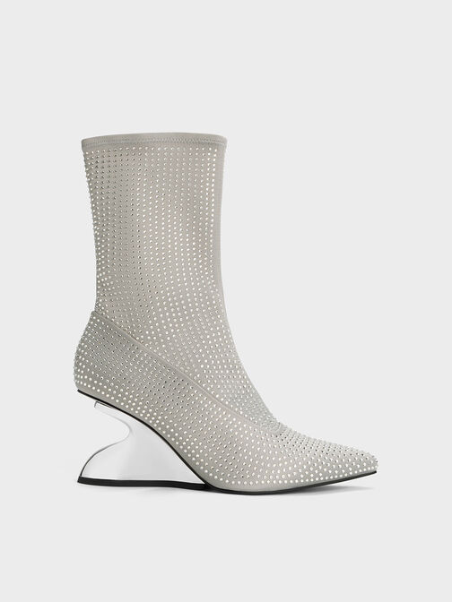 Zania Gem-Embellished Sculptural Heel Boots, Grey, hi-res