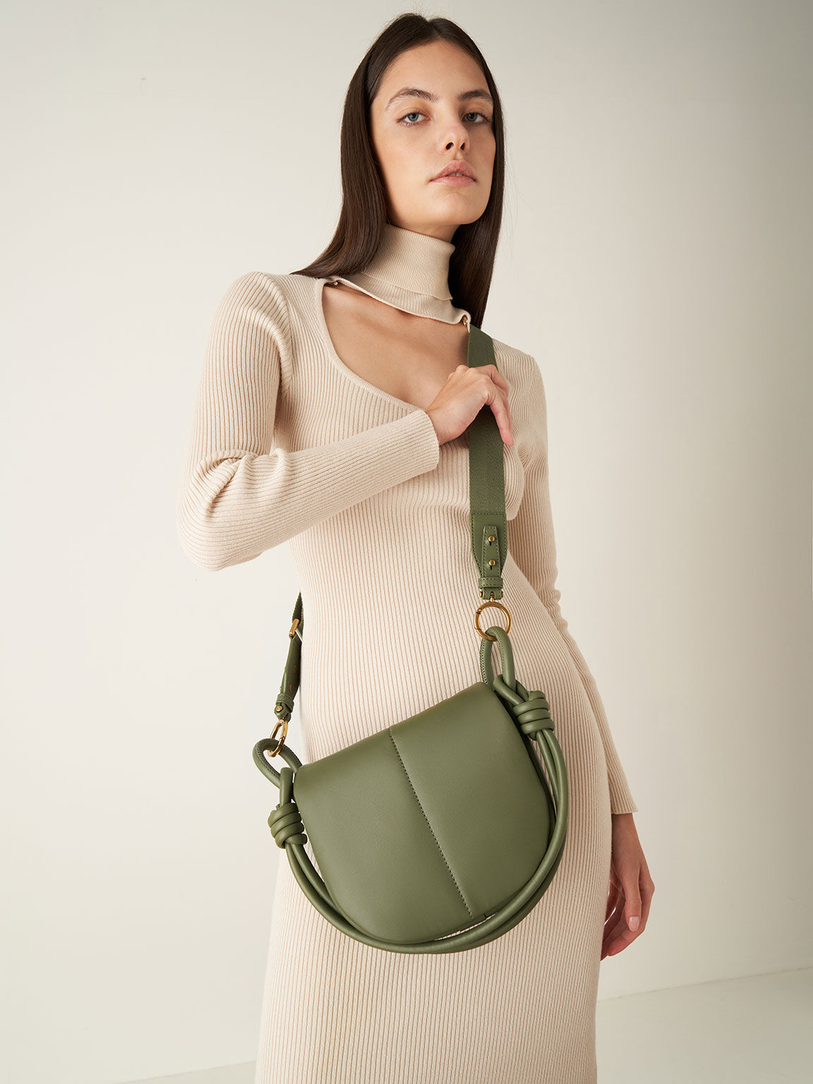 Luna Knotted Handle Shoulder Bag, Olive, hi-res