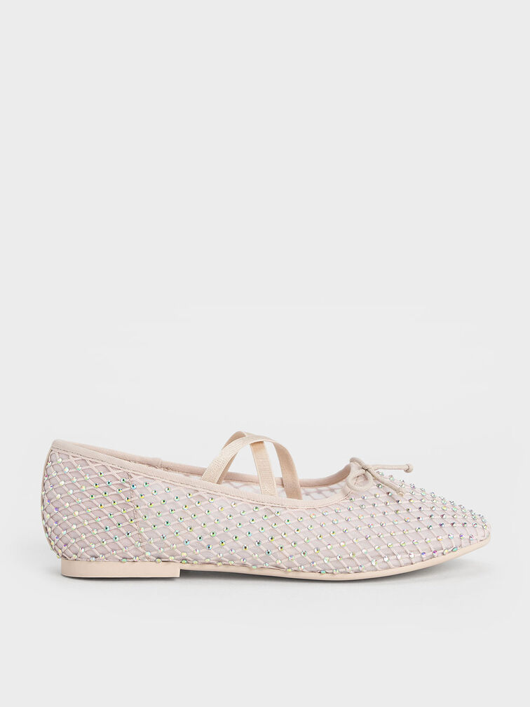 Girls' Mesh Crystal-Embellished Crossover-Strap Ballet Flats, Cream, hi-res