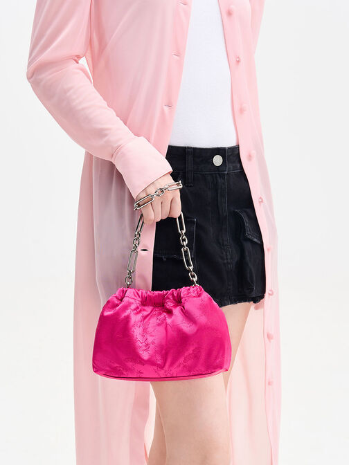 Ally Satin Floral-Print Ruched Bag, Fuchsia, hi-res