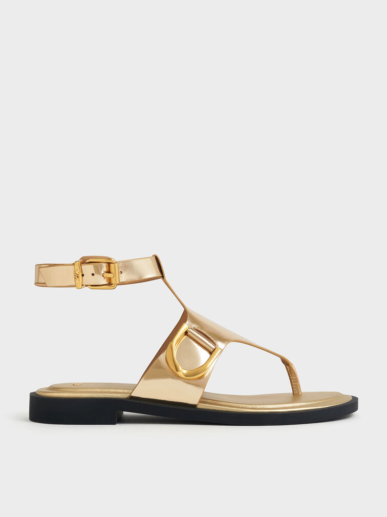 Gabine Metallic Leather Ankle-Strap Thong Sandals, Dorado, hi-res